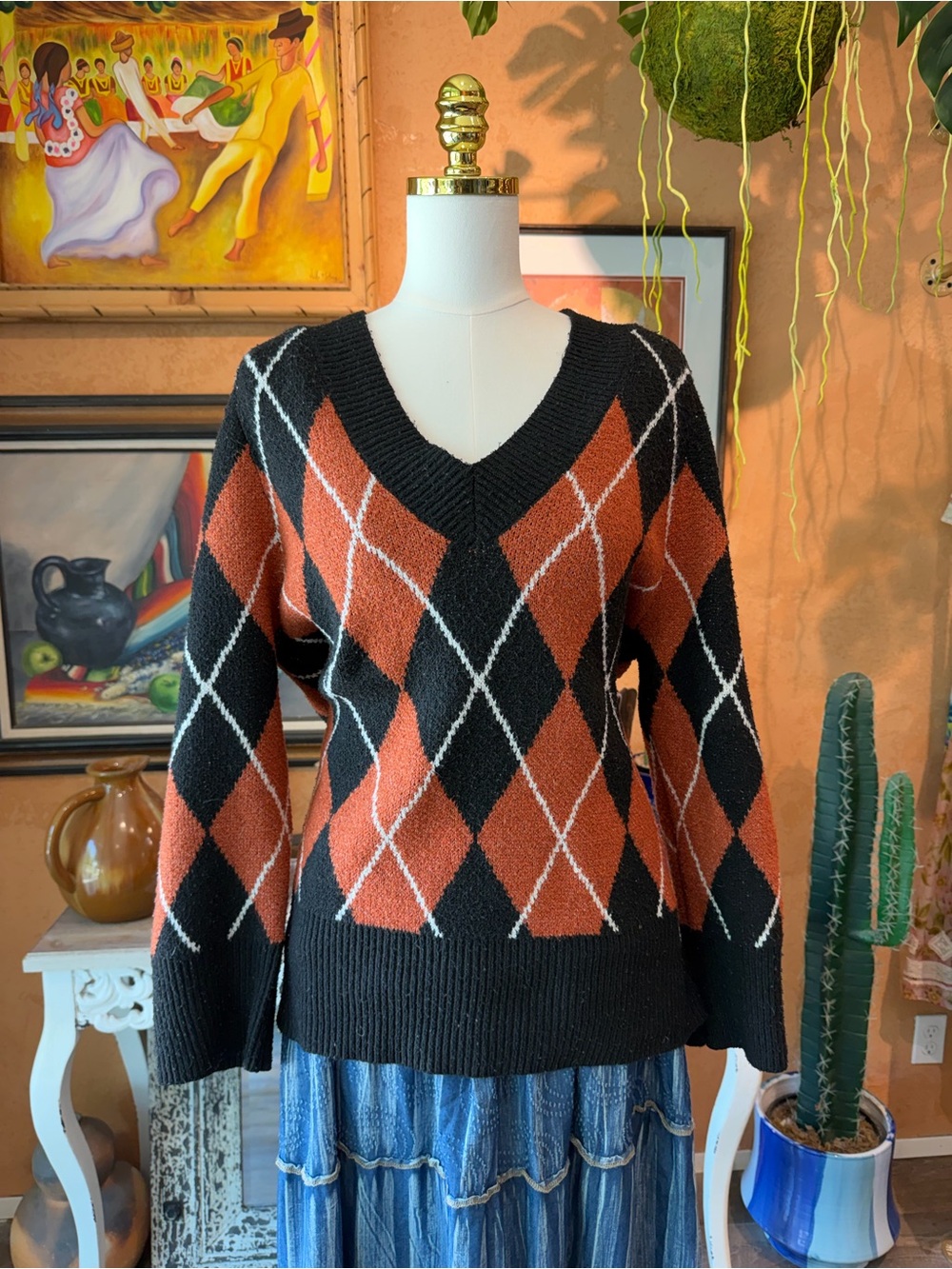 a new day Black & Rust Argyle V-Neck Sweater